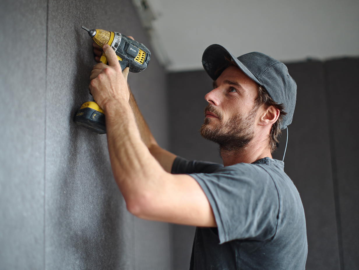 Installer installing acoustic panels